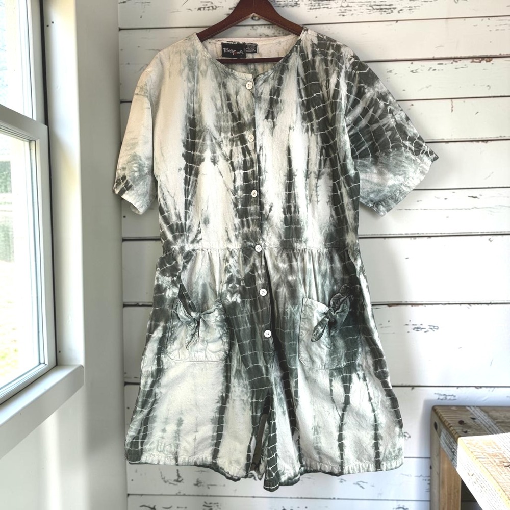 Vintage Romper L/XL Black/Green White 100% Cotton Tie Dye Button Front Pockets